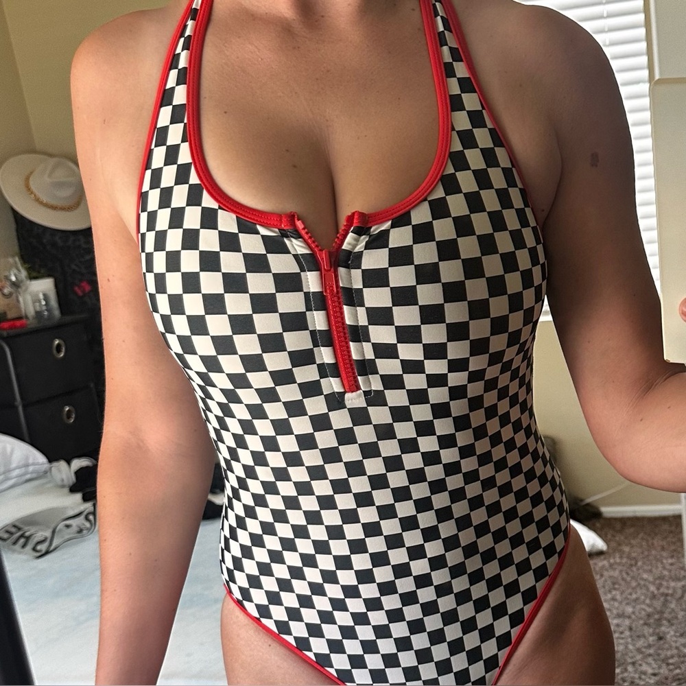 Checkered One-Piece Swimsuit with Red Trim